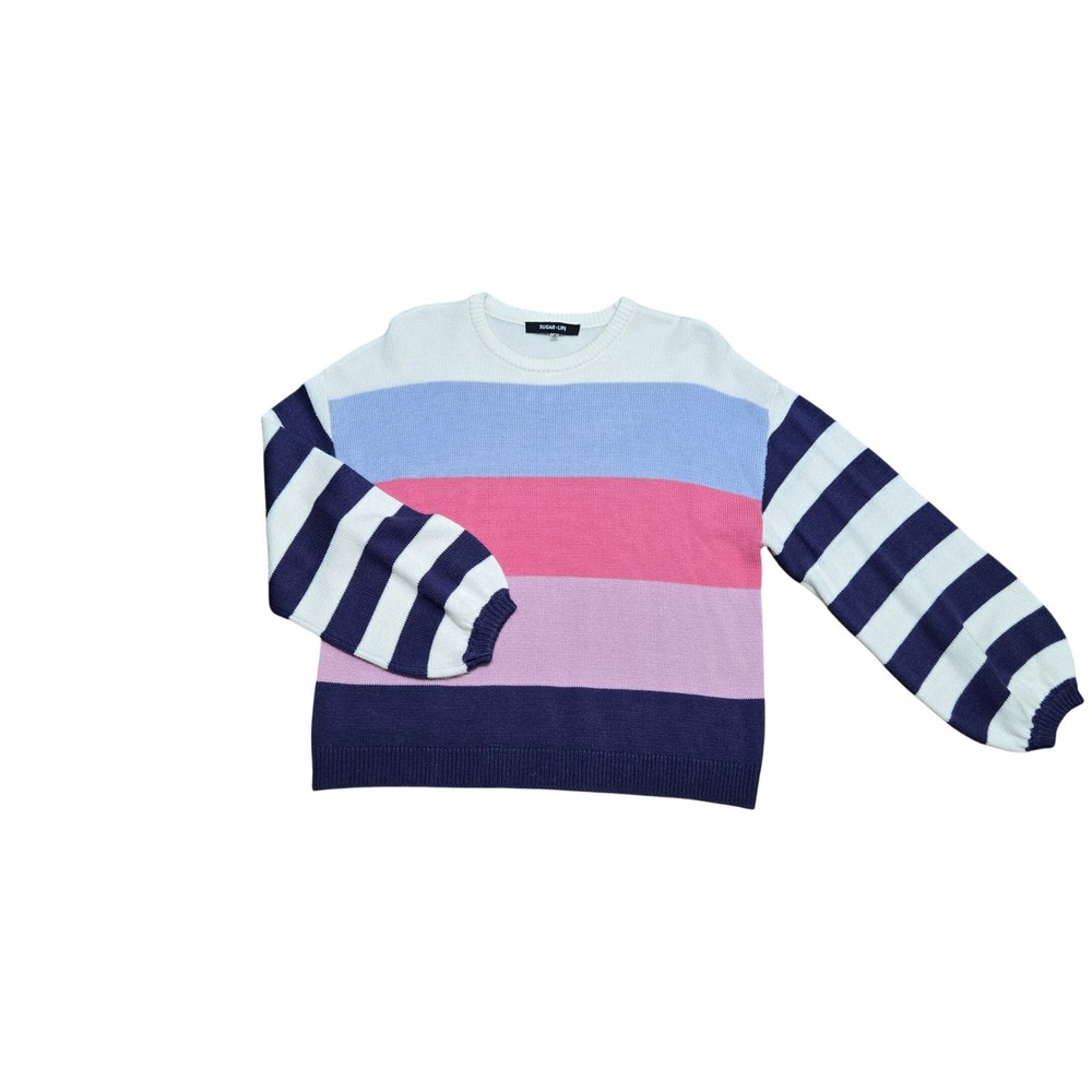 Sugar Lips Multi Color Striped Balloon Sleeve Crew Neck Sweater Oversized Small